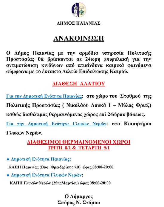 ΔΙΑΘΕΣΗ ΑΛΑΤΙΟΥ ΚΑΙ ΔΙΑΘΕΣΙΜΟΙ ΘΕΡΜΑΙΝΟΜΕΝΟΙ ΧΩΡΟΙ ΤΡΙΤΗ 8/1 & ΤΕΤΑΡΤΗ 9/1