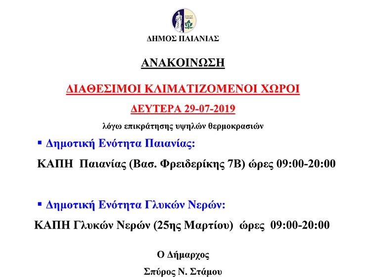 ΔΙΑΘΕΣΙΜΟΙ ΚΛΙΜΑΤΙΖΟΜΕΝΟΙ ΧΩΡΟΙ ΔΕΥΤΕΡΑ 29-07-2019